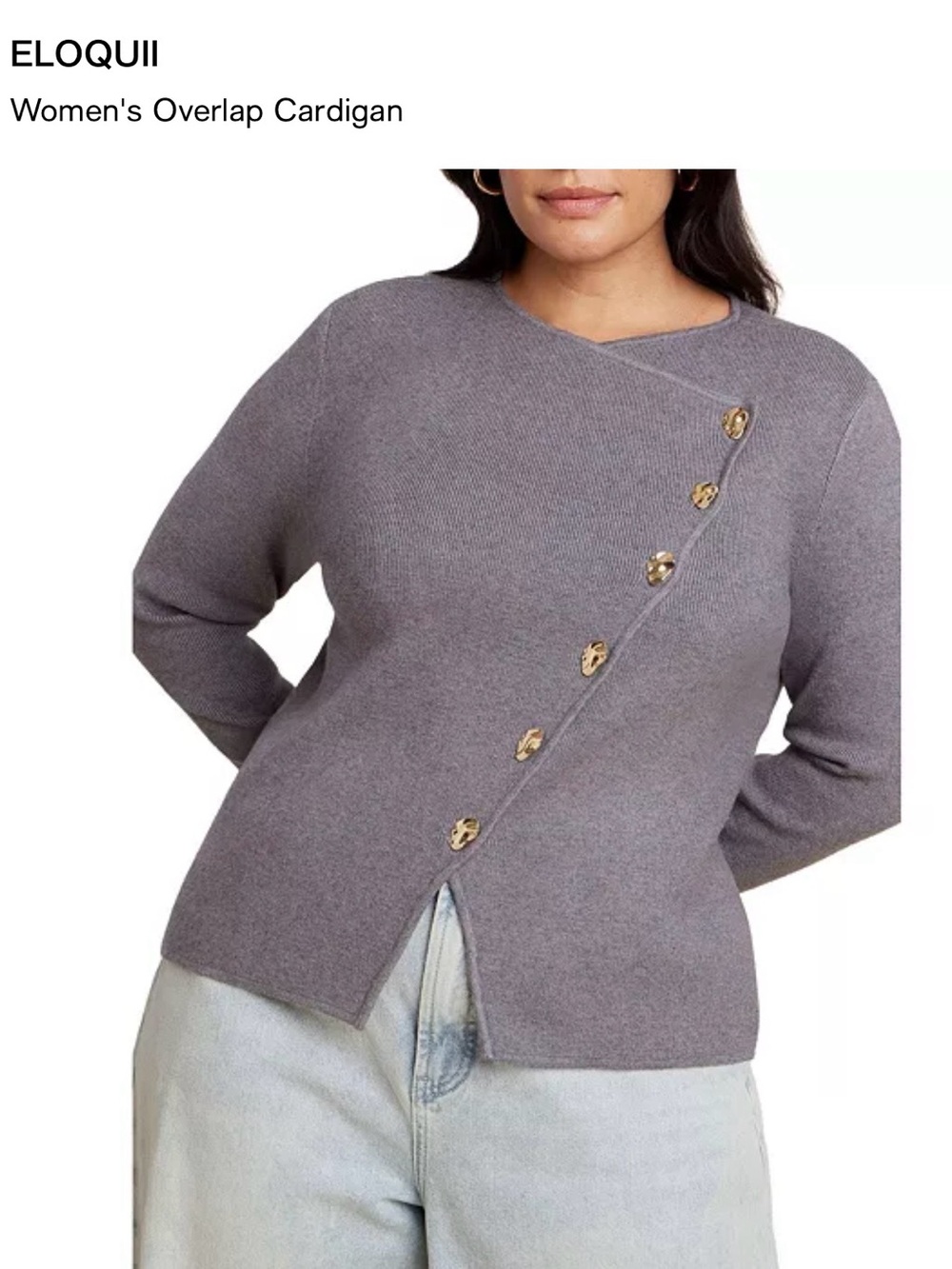 ELOQUII Grey Overlap Cardigan with Asymmetric Buttons